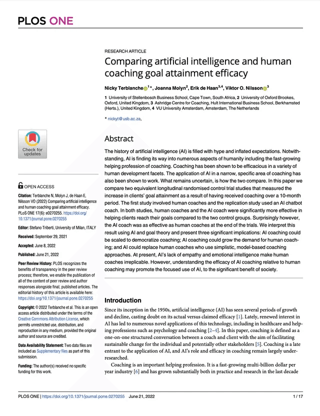 Terblanche N, Molyn J, de Haan E, Nilsson VO (2022) Comparing artificial intelligence and human coaching goal attainment efficacy.