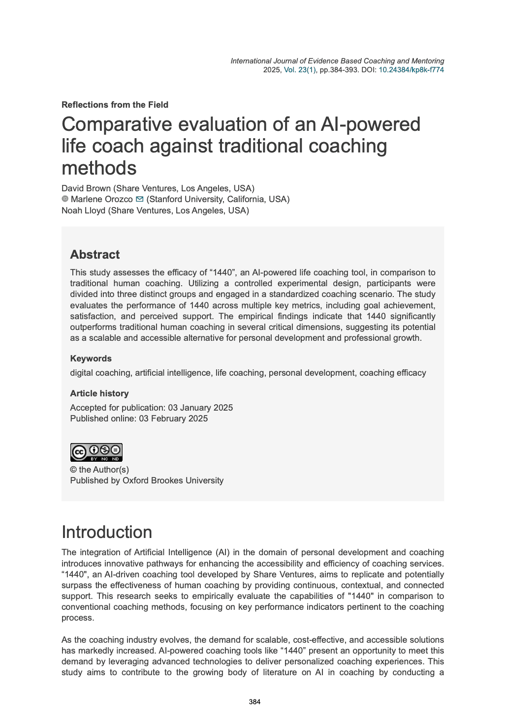 David Brown, Marlene Orozco (2025) Comparative evaluation of an AI-powered life coach against traditional coaching methods.