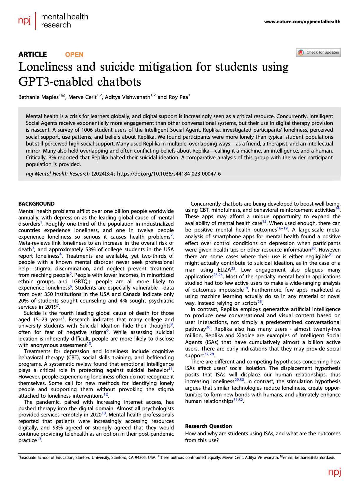 Bethanie Maples, Merve Cerit  (2024) Loneliness and suicide mitigation for students using GPT3-enabled chatbots.